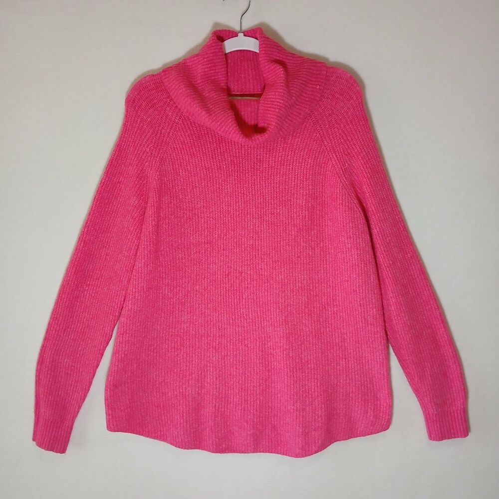 LOFT Cowl Neck Sweater Wool Blend Hot Pink Womens Large Cozy Soft Warm #1174